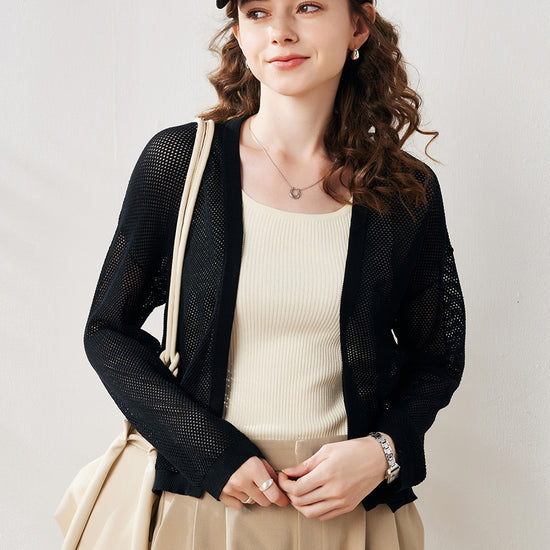 COMOBOCA Black Women's Open Front Mesh Knit Cardigan