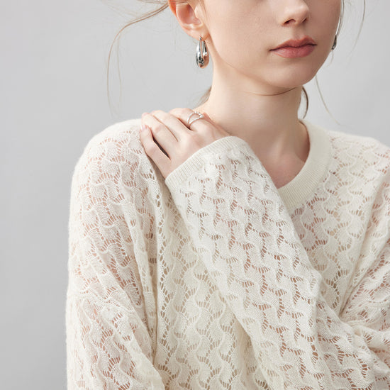 COMOBOCA 100% Cashmere Women's Openwork Round Neck Knit Sweater