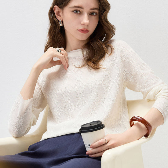 COMOBOCA Women's Textured Sheer Knit Round Neck Sweater