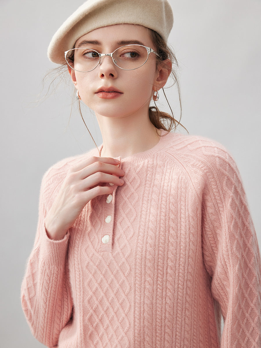 COMOBOCA 100% Cashmere Women's Cable Knit Button Front Sweater