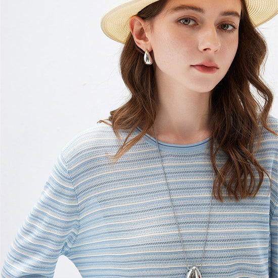 COMOBOCA Women's Striped Mesh Knit Round Neck Sweater