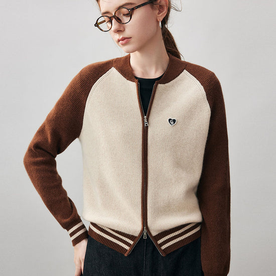COMOBOCA Beige 100% Cashmere Women's Color Block Knit Baseball Jacket