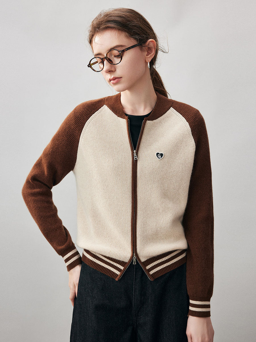 COMOBOCA Beige 100% Cashmere Women's Color Block Knit Baseball Jacket