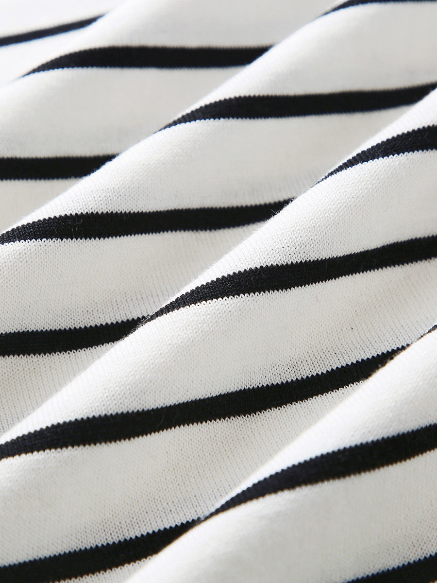 COMOBOCA Women's Cotton Silk Striped Smiley Patch T-Shirt Knit Sweater