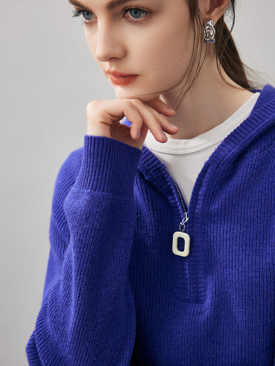 COMOBOCA 100% Cashmere Women's Ribbed Half Zip Knit Hoodie