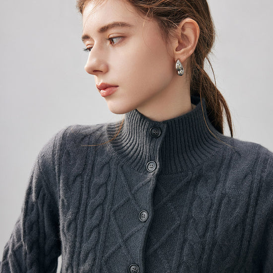 COMOBOCA 100% Cashmere Women's Cable Mock Neck Knit Cardigan