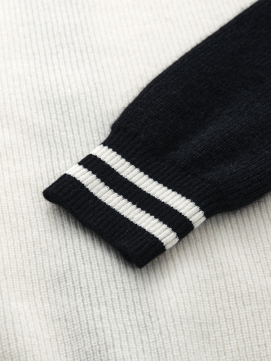 COMOBOCA 100% Cashmere Women's Color Block Knit Baseball Jacket