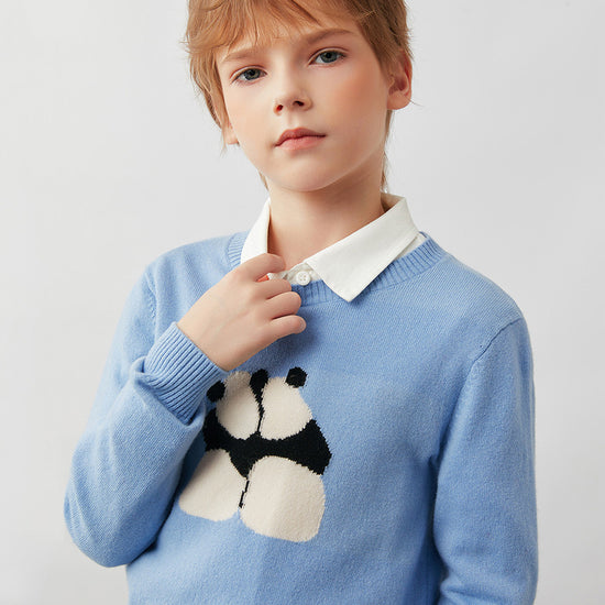 COMOBOCA 100% Wool Kids' Panda Pattern Round Neck Sweater