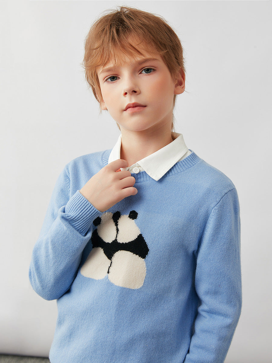 COMOBOCA 100% Wool Kids' Panda Pattern Round Neck Sweater