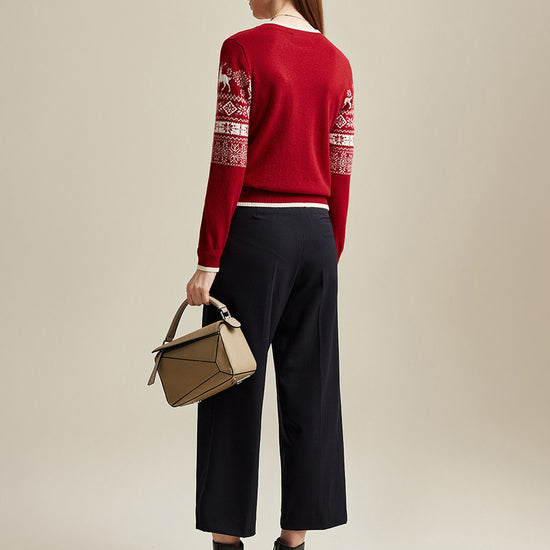 COMOBOCA 100% Cashmere Women's Nordic Reindeer Knit Sweater