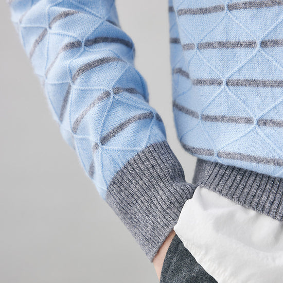 COMOBOCA 100% Cashmere Women's Striped Round Neck Knit Sweater