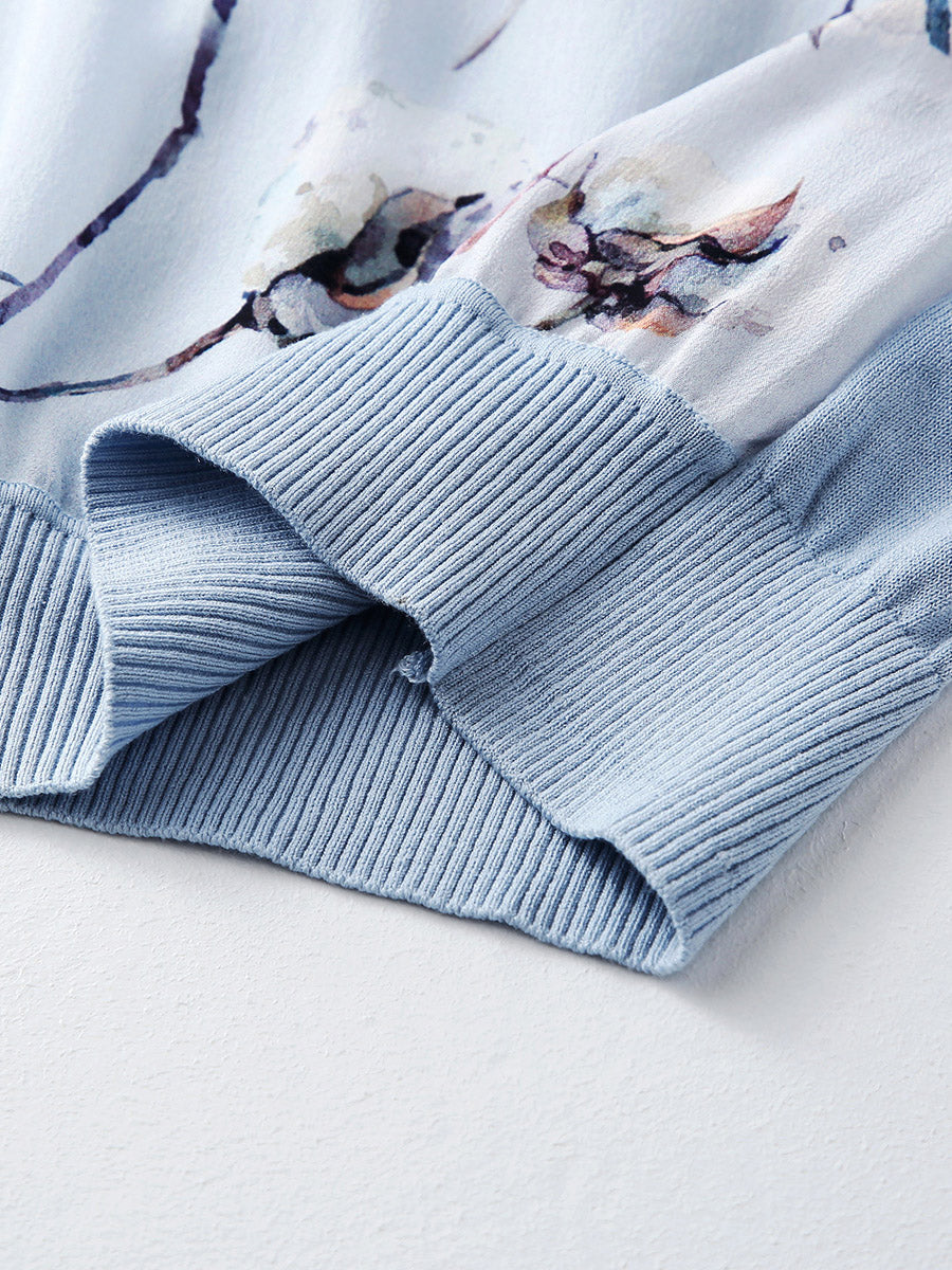 COMOBOCA Women's Cotton Silk Floral Ribbed Print Knit T-Shirt