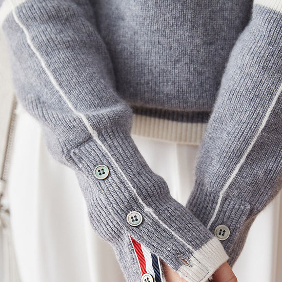 COMOBOCA 100% Cashmere Women's Striped Sleeve Round Neck Sweater