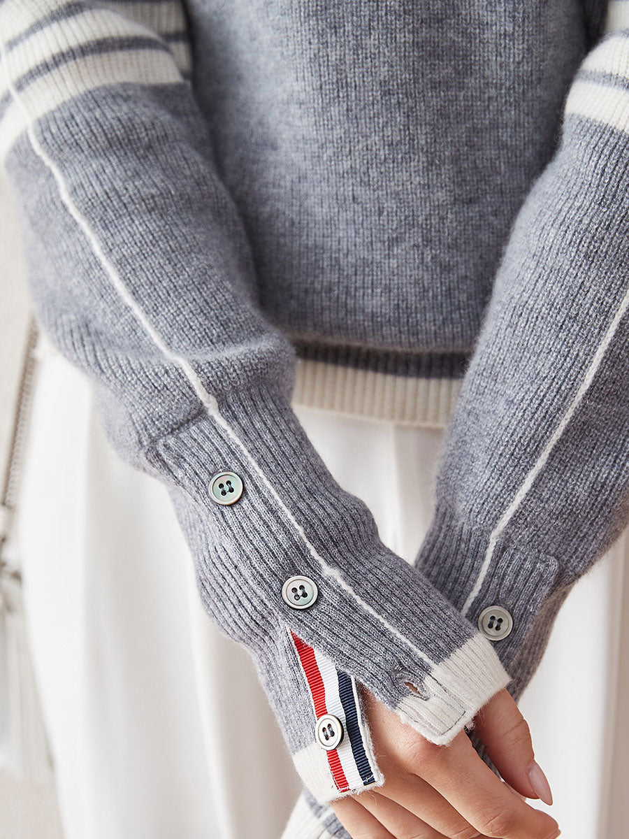 COMOBOCA 100% Cashmere Women's Striped Sleeve Round Neck Sweater