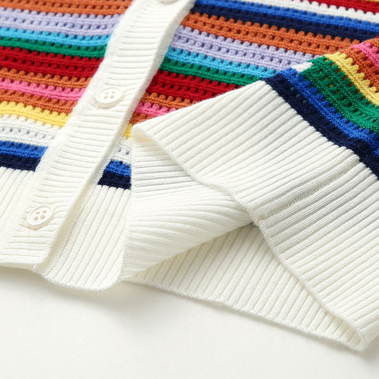 COMOBOCA Women's Ribbed Rainbow Striped Knit Cardigan