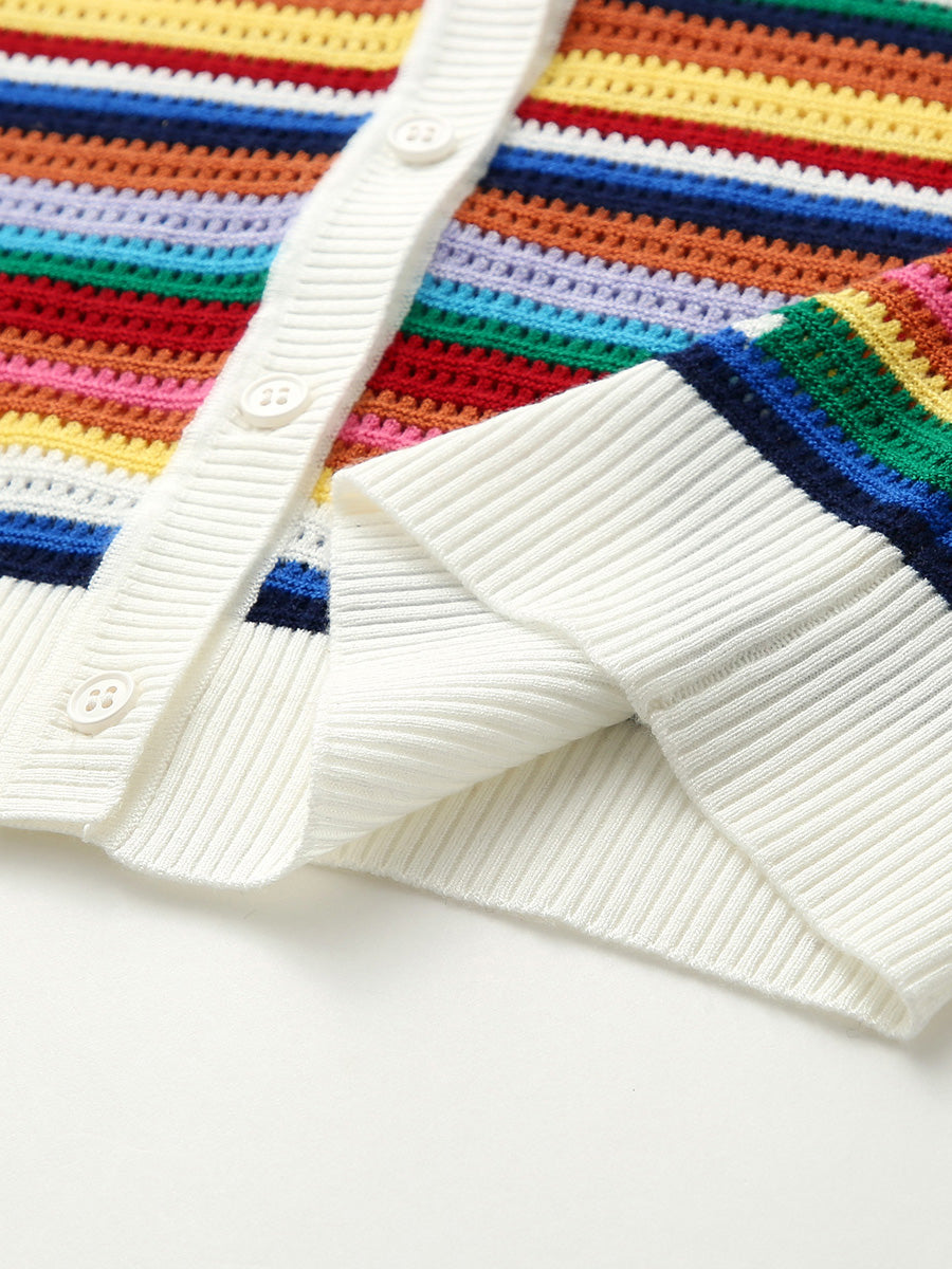 COMOBOCA Women's Ribbed Rainbow Striped Knit Cardigan