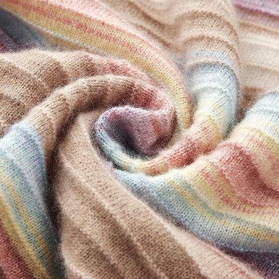 COMOBOCA 100% Cashmere Women's Rainbow Striped Round Neck Sweater