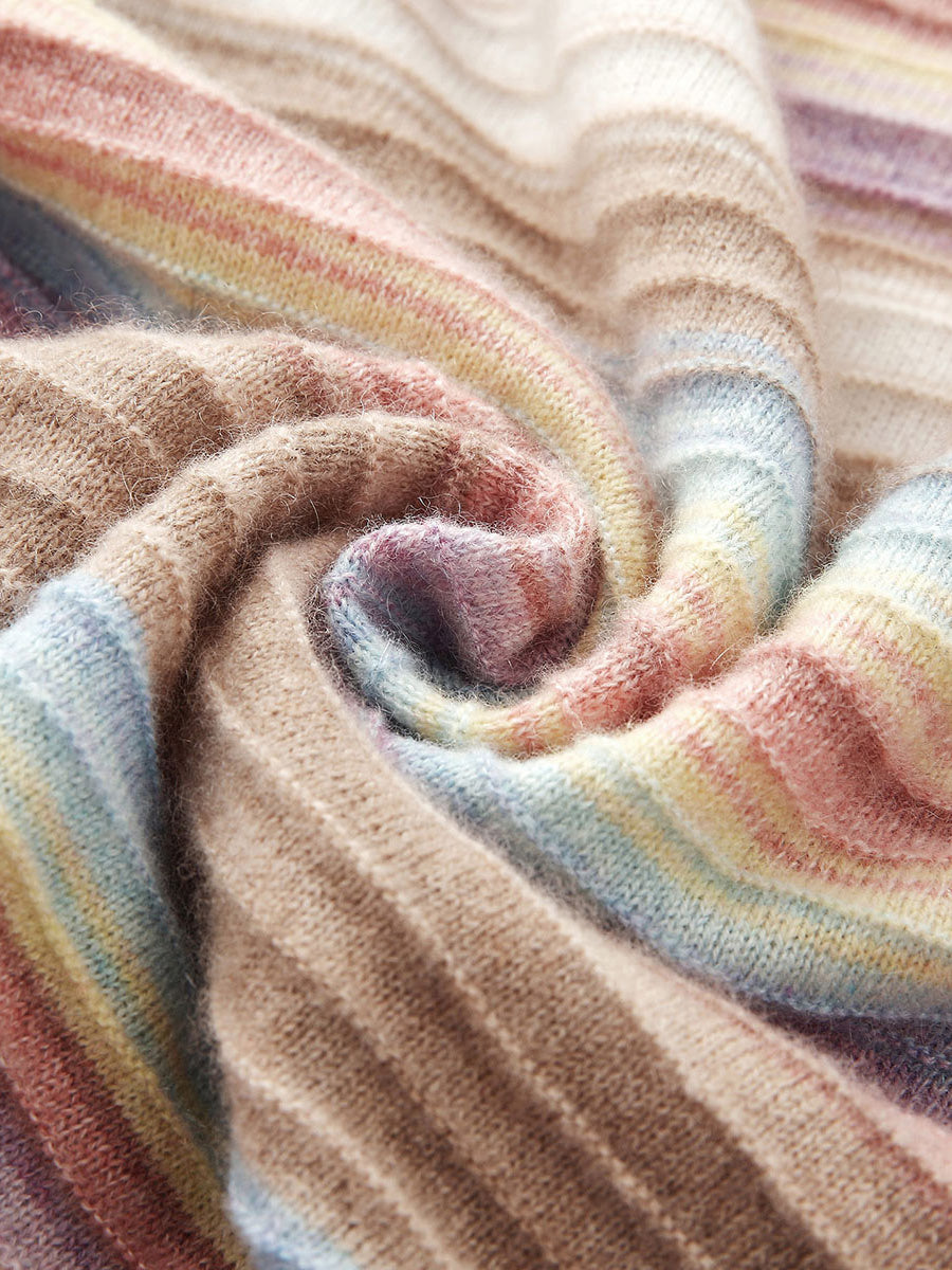 COMOBOCA 100% Cashmere Women's Rainbow Striped Round Neck Sweater