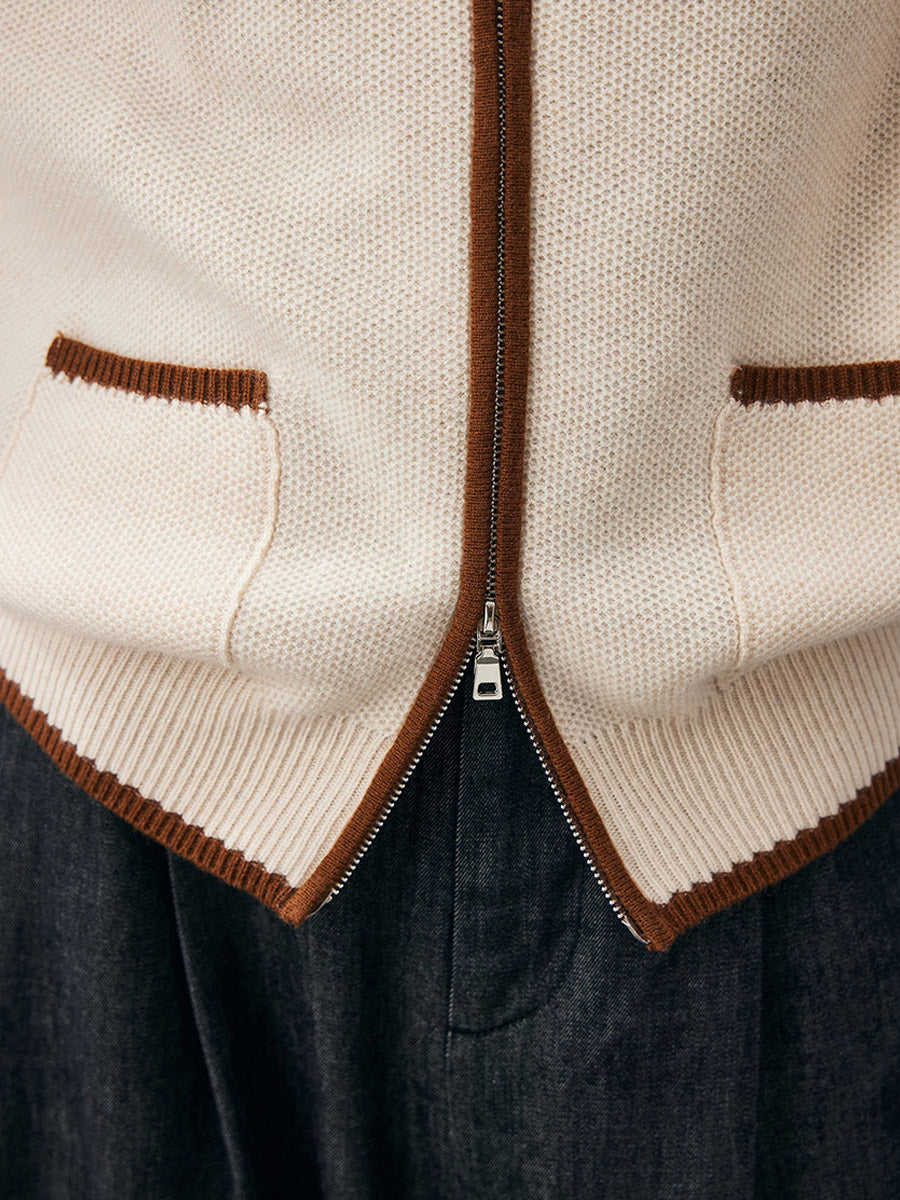 COMOBOCA 100% Cashmere Women's Contrast Collar Double Zip Cardigan