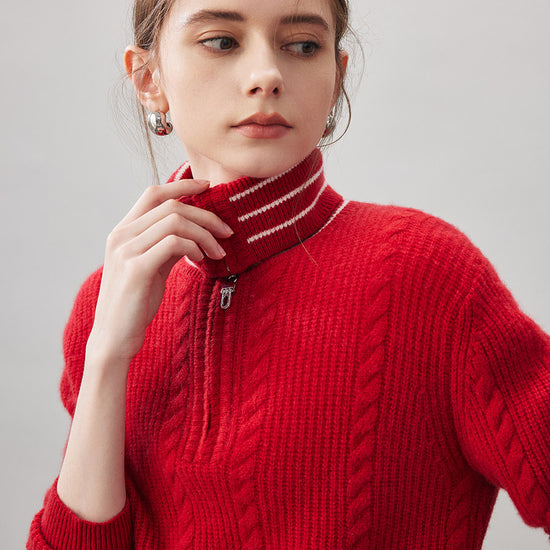 COMOBOCA 100% Cashmere Women's Cable Half Zip Striped Collar Sweater