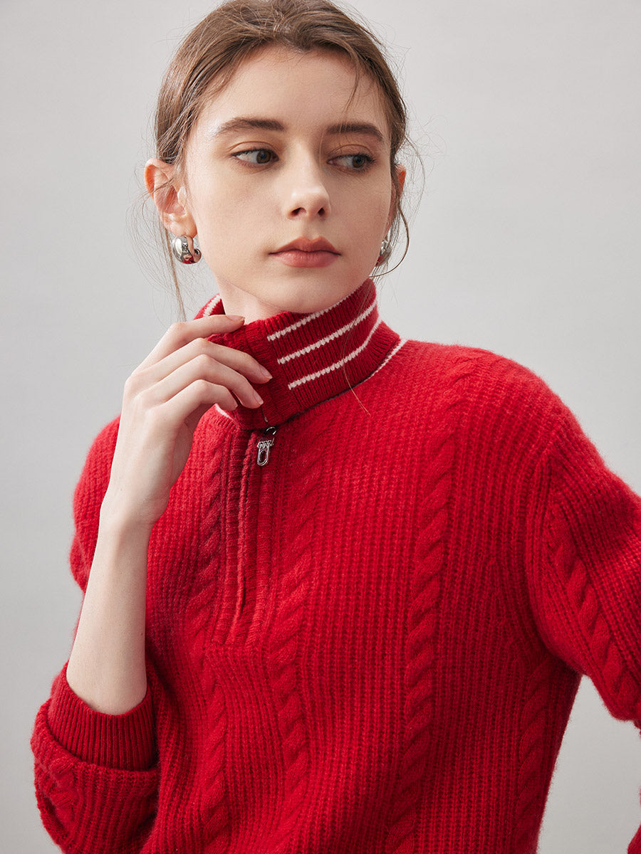 COMOBOCA 100% Cashmere Women's Cable Half Zip Striped Collar Sweater