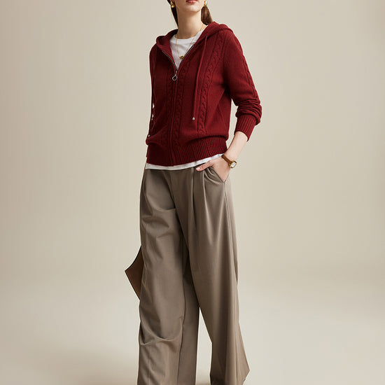 COMOBOCA 100% Wool Women's Cable Knit Zip Cardigan Hoodie