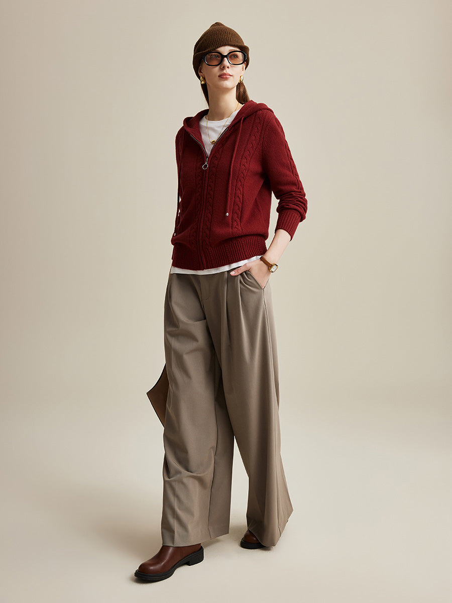 COMOBOCA 100% Wool Women's Cable Knit Zip Cardigan Hoodie