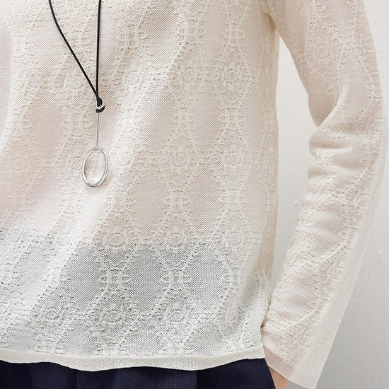 COMOBOCA Women's Textured Sheer Knit Round Neck Sweater