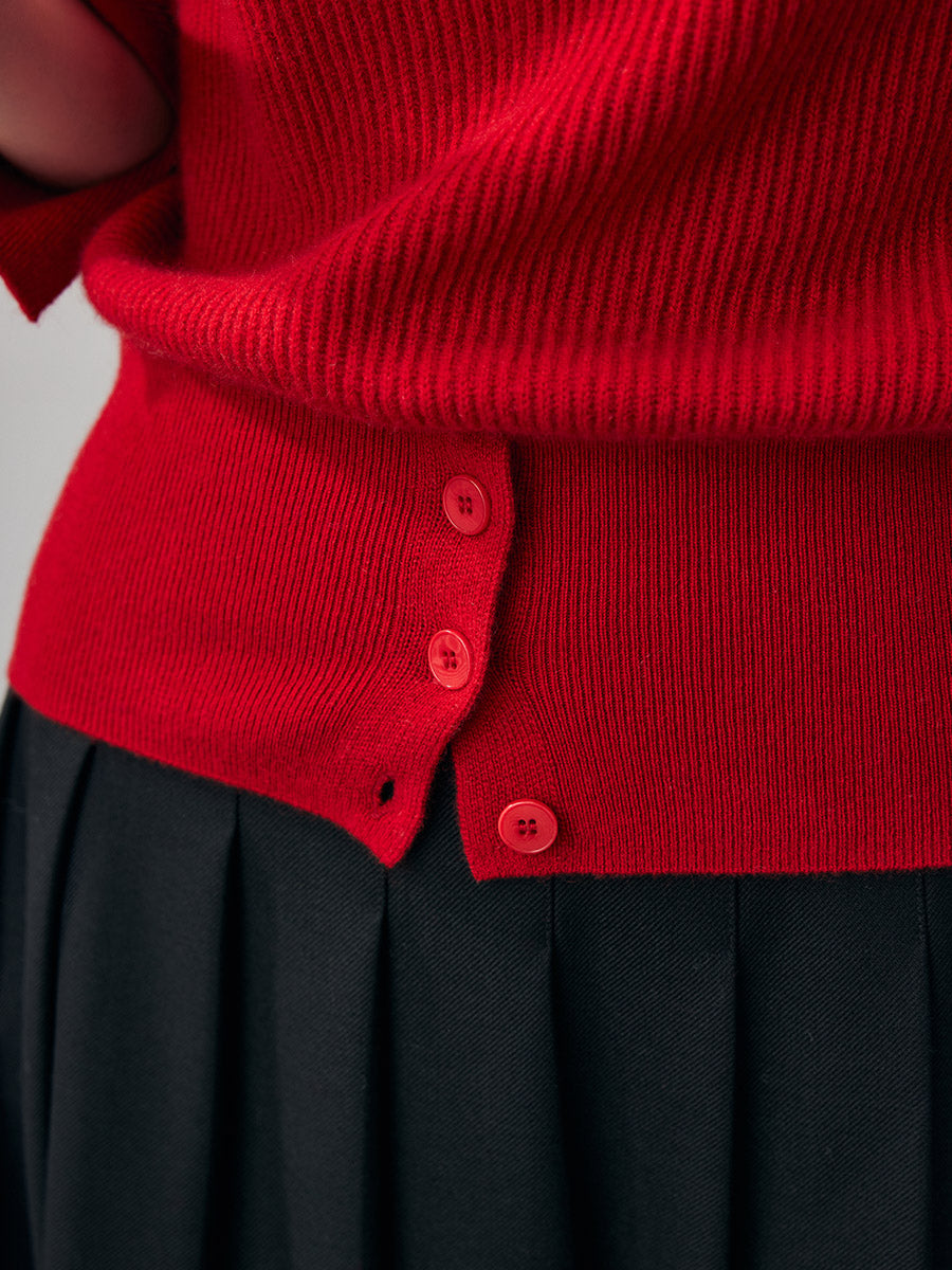 COMOBOCA 100% Cashmere Women's Round Neck Button Ribbed Knit Sweater