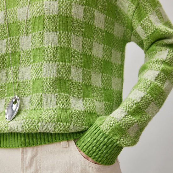 COMOBOCA 100% Cashmere Women's Checkered Round Neck Sweater