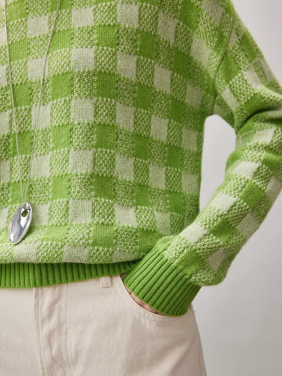 COMOBOCA 100% Cashmere Women's Checkered Round Neck Sweater