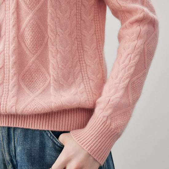 COMOBOCA 100% Cashmere Women's Cable Round Neck Knit Sweater