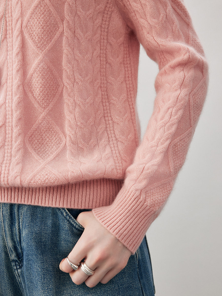 COMOBOCA 100% Cashmere Women's Cable Round Neck Knit Sweater