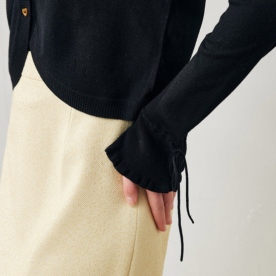 COMOBOCA Women's Heart Button Cropped Ruffle Bell Cardigan