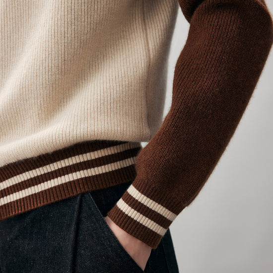 COMOBOCA 100% Cashmere Women's Color Block Knit Baseball Jacket