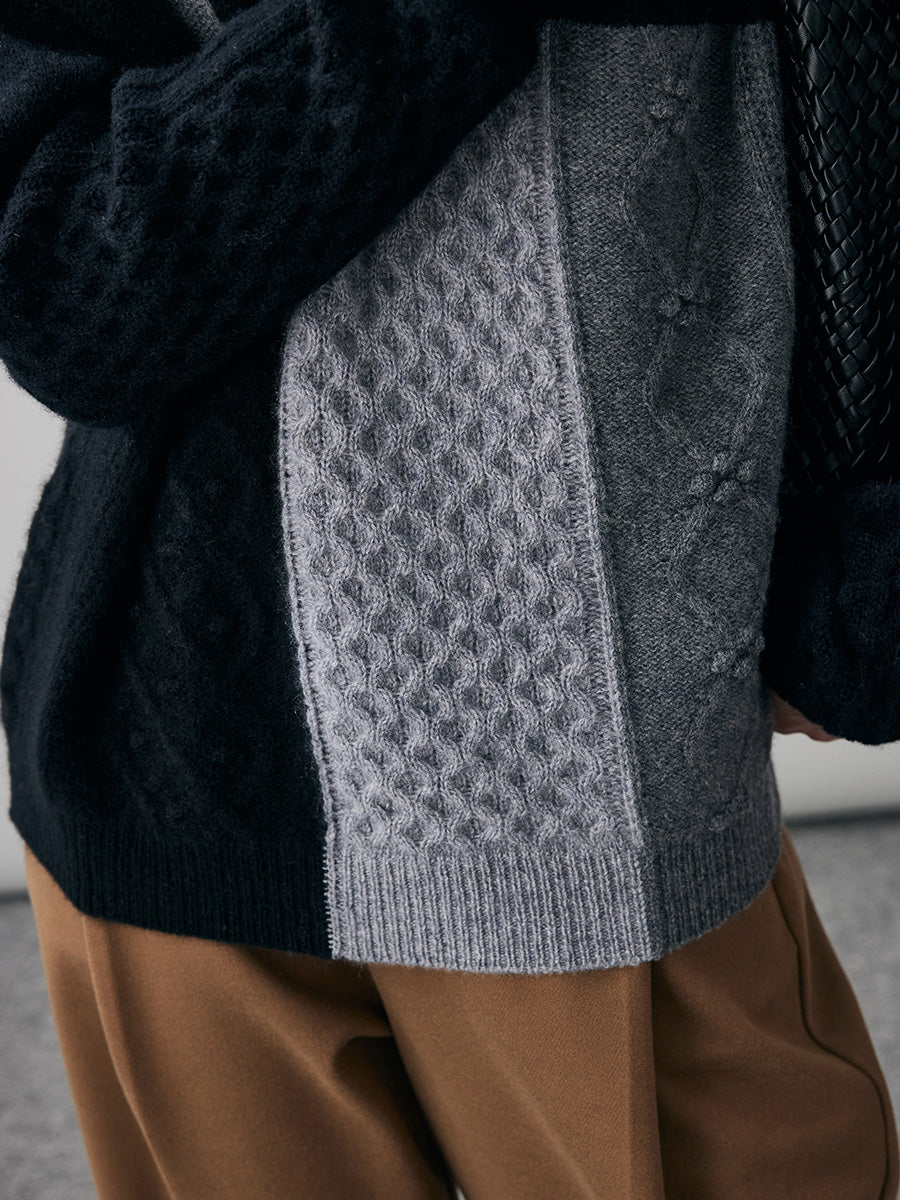 COMOBOCA 100% Cashmere Women's Patchwork Cable Knit Sweater