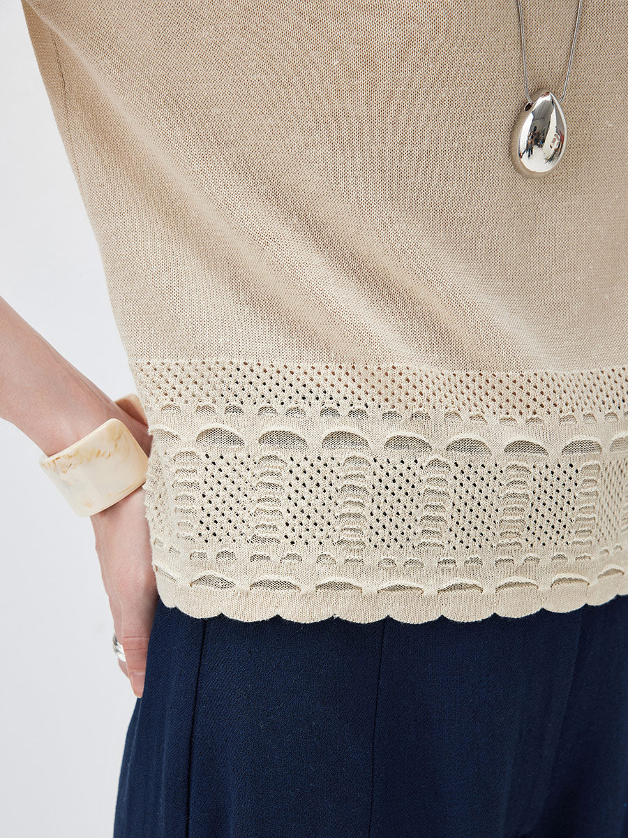 COMOBOCA Women's Scalloped Lace Trim Knit T-Shirt