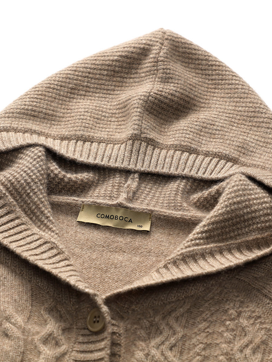 COMOBOCA 100% Cashmere Luxurious Cable Knit Hooded Cardigan