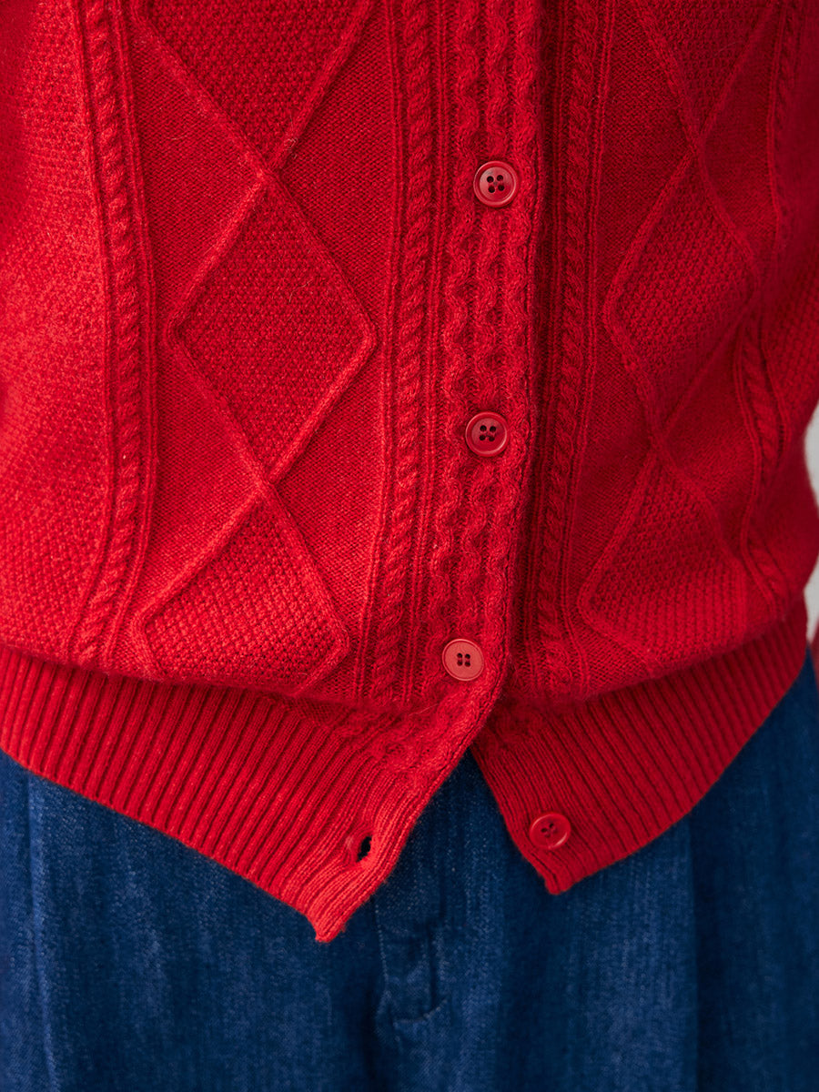 COMOBOCA 100% Cashmere Women's Argyle Cable Button Up Knit Cardigan