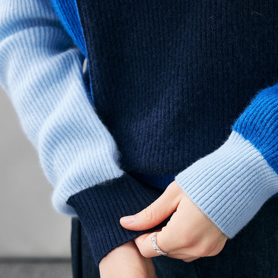 COMOBOCA 100% Cashmere Women's Color Block Turtleneck Sweater