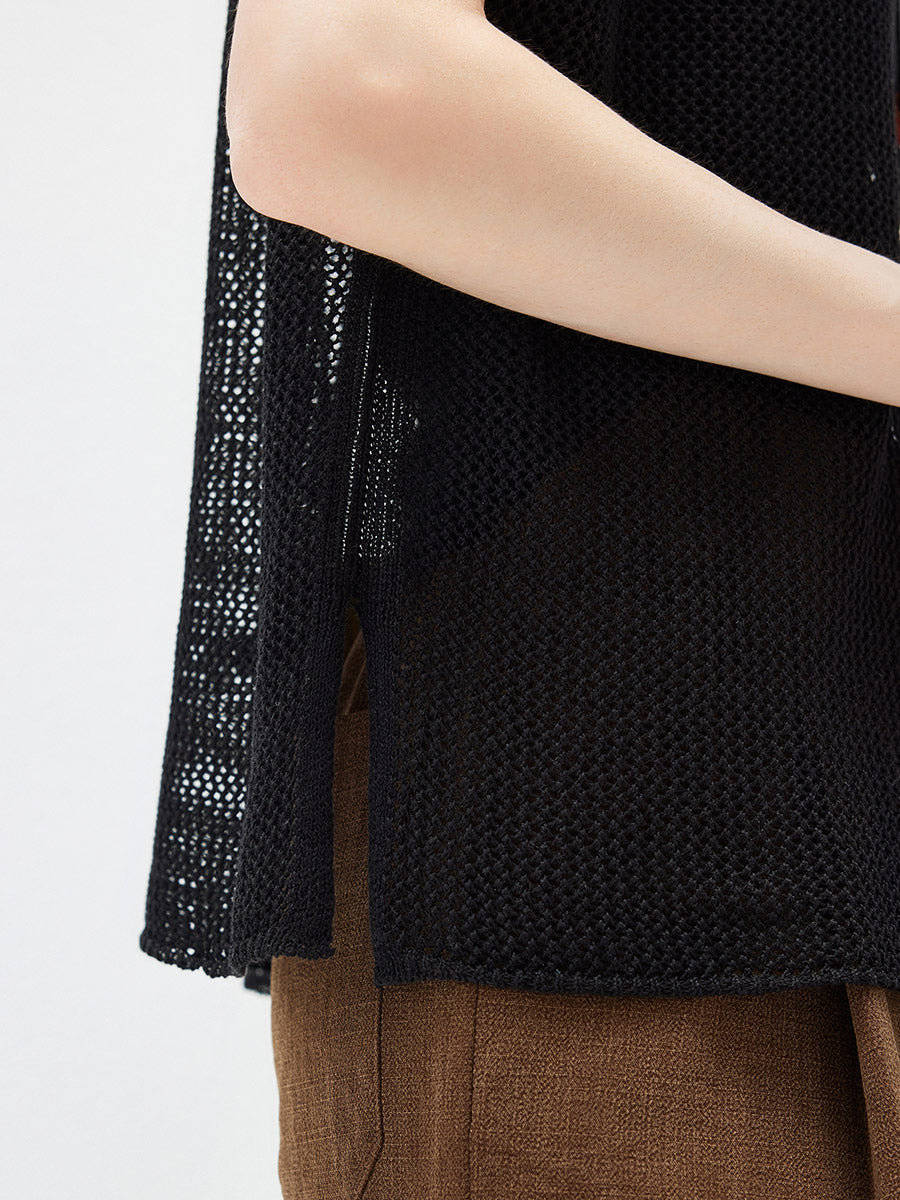 COMOBOCA Women's Sheer Mesh Knit Cap Sleeve Top with Side Slit