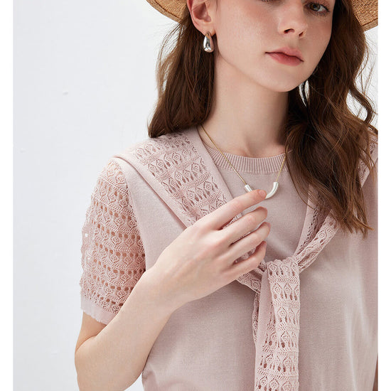 COMOBOCA Women's Lace Round Neck Knit T-Shirt