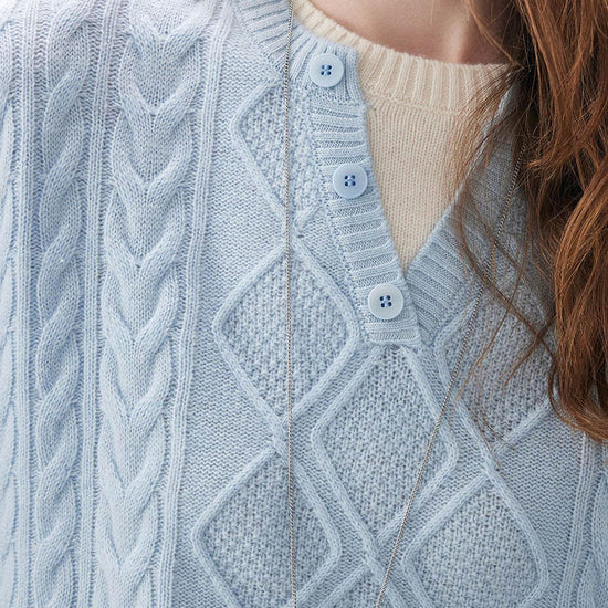 COMOBOCA 100% Wool Women's V-Neck Cable Knit Sweater