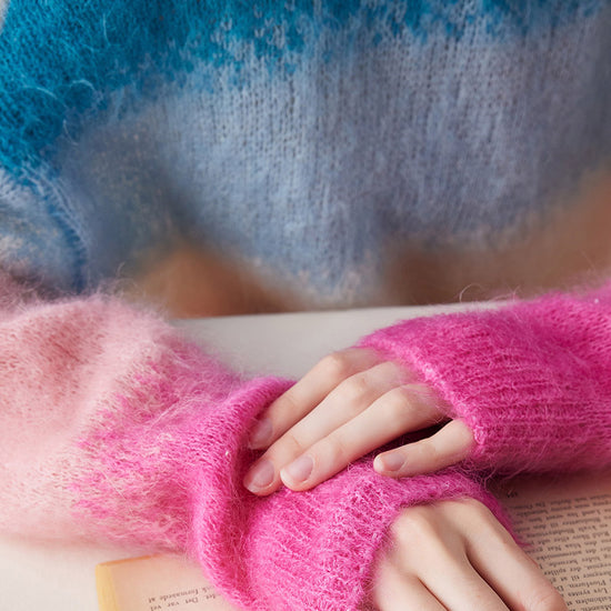 COMOBOCA Women's Mohair Gradient Color Block Fluffy Knit Sweater