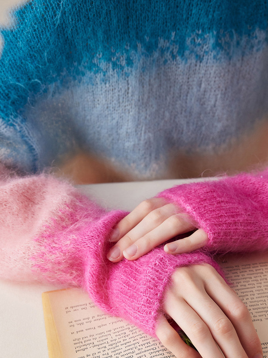 COMOBOCA Women's Mohair Gradient Color Block Fluffy Knit Sweater