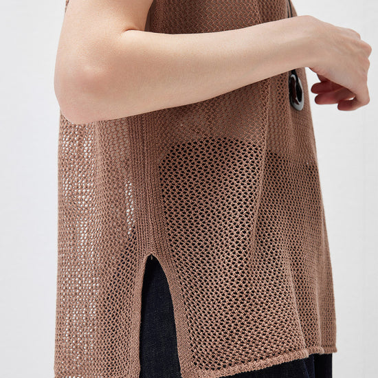 COMOBOCA Women's Sheer Mesh Knit Cap Sleeve Top with Side Slit