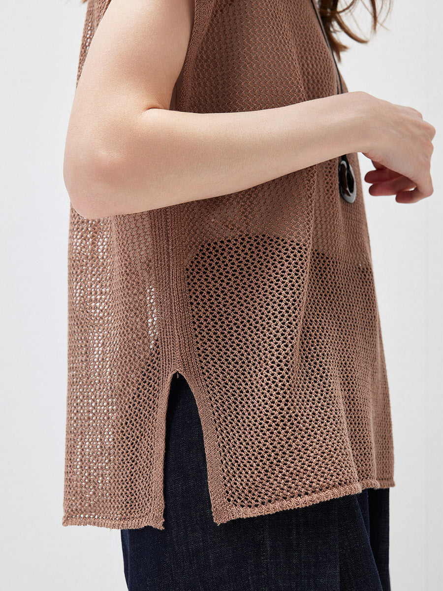 COMOBOCA Women's Sheer Mesh Knit Cap Sleeve Top with Side Slit