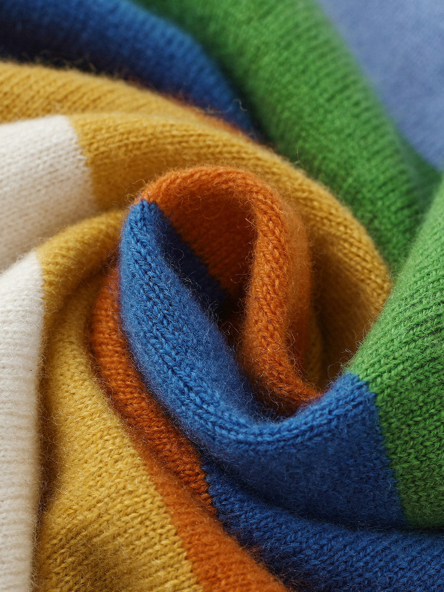 COMOBOCA 100% Wool Kids' Colorful Striped Round Neck Cardigan