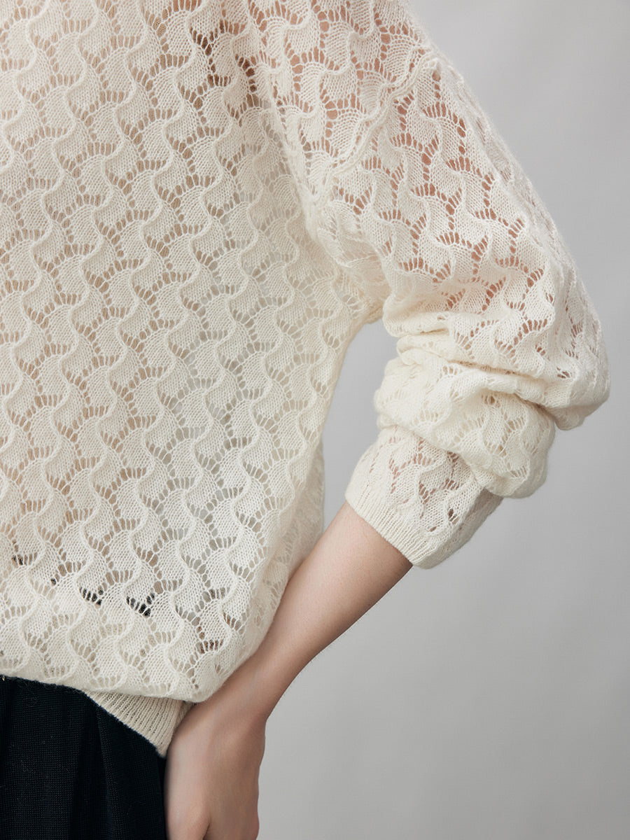 COMOBOCA 100% Cashmere Women's Openwork Round Neck Knit Sweater