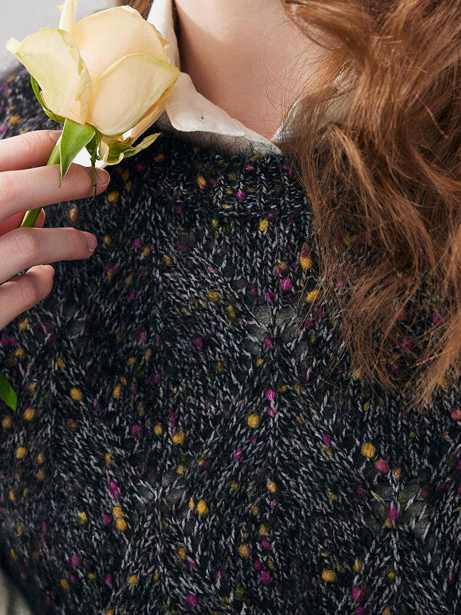 COMOBOCA Women's Speckled Lace Knit Round Neck Sweater